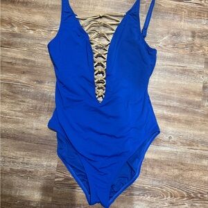 Bleu Rod Beattie Blue One Piece Swimsuit with Gold Accents